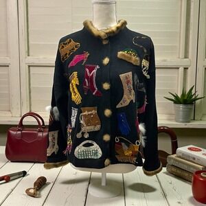 Vintage Design Options Western Appliqué‎ Fur Trim Cardigan Sweater Jacket L